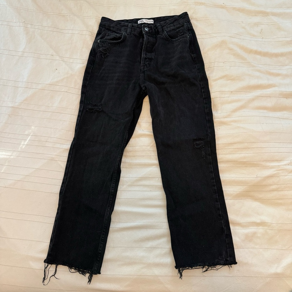 Zara Distressed Black Straight Leg Jeans